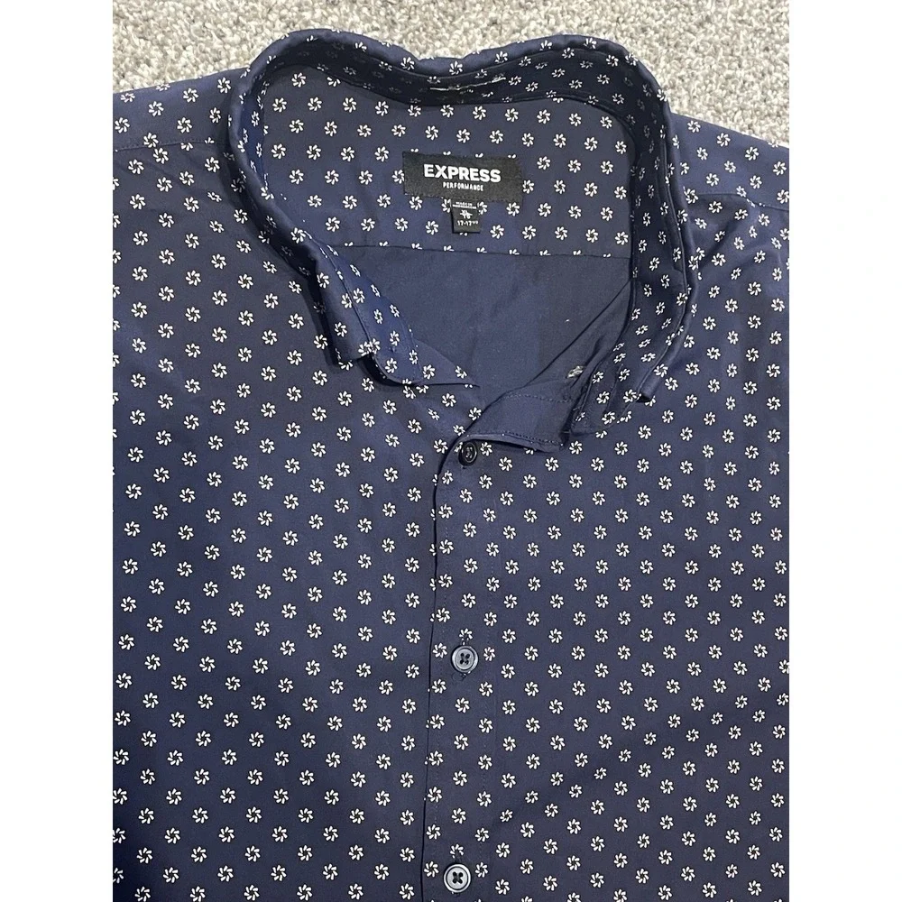 Express Performance Mens XL Button Up Long Sleeve Shirt Navy Floral Printed - Picture 3 of 6